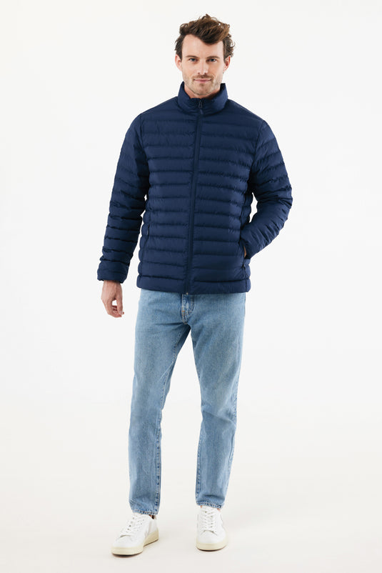 IQONIQ Maiko men's recycled polyester padded jacket, textile with quilted design, in navy blue, featuring a high collar and front zipper.