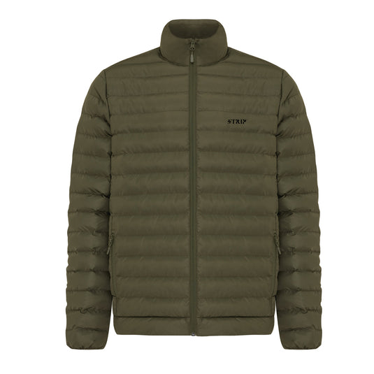IQONIQ Maiko men's recycled polyester padded jacket showing a navy blue textile with quilted padding and a stand-up collar.