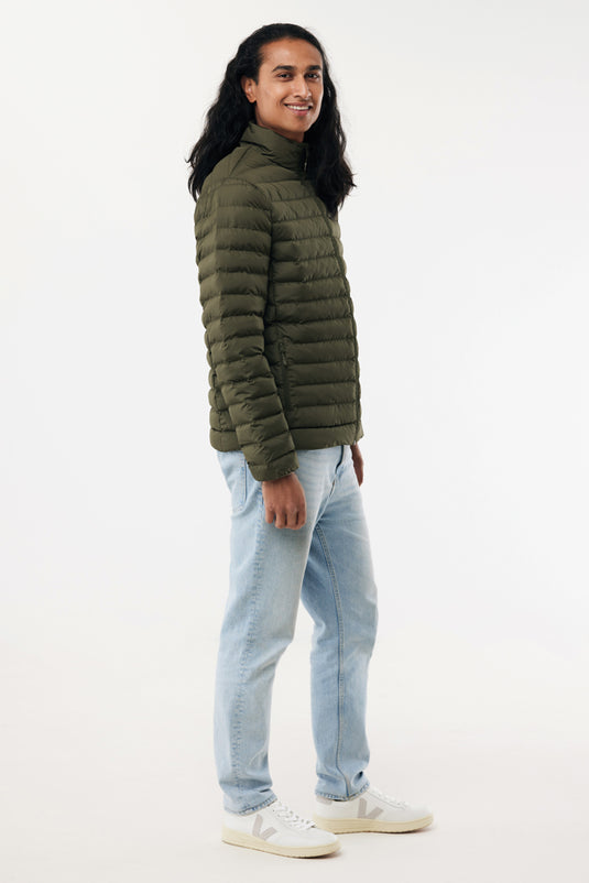 IQONIQ Maiko men's recycled polyester padded jacket showing front view with hood and quilted design.