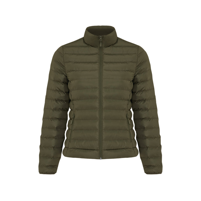 Load image into Gallery viewer, Maiko women recycled polyester padded jacket by iqoniq, shown in XS/S size, with a close-up of the textile fabric and padded design.
