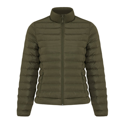 Maiko women's recycled polyester padded jacket in black with a hood, featuring quilted design and front zipper closure.