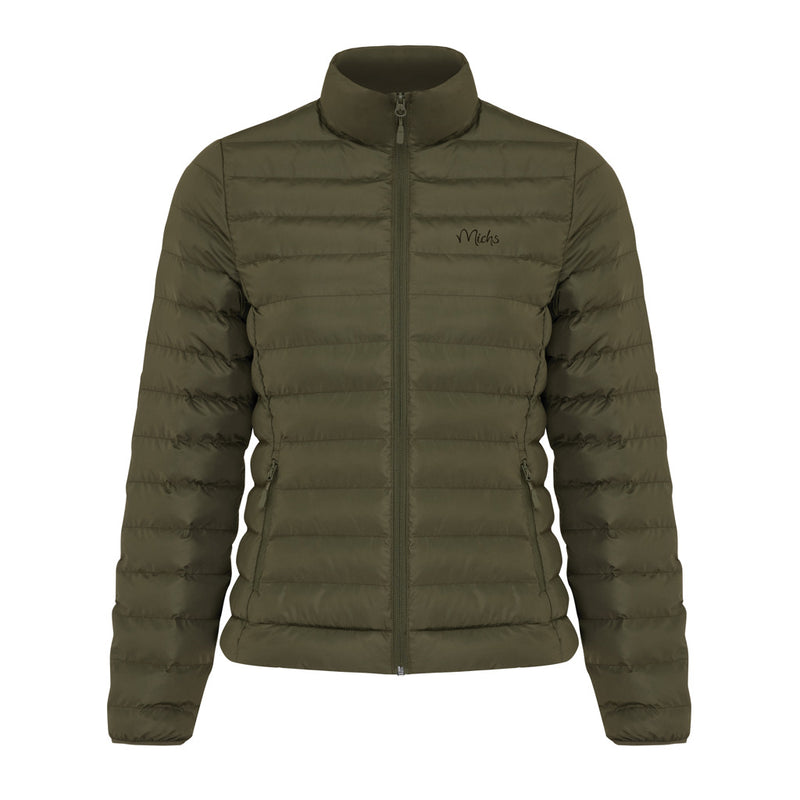 Load image into Gallery viewer, Maiko women recycled polyester padded jacket by iqoniq, showing the textile's padded design and vibrant color details.
