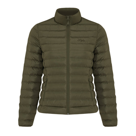 Maiko women recycled polyester padded jacket by iqoniq, showing the textile's padded design and vibrant color details.
