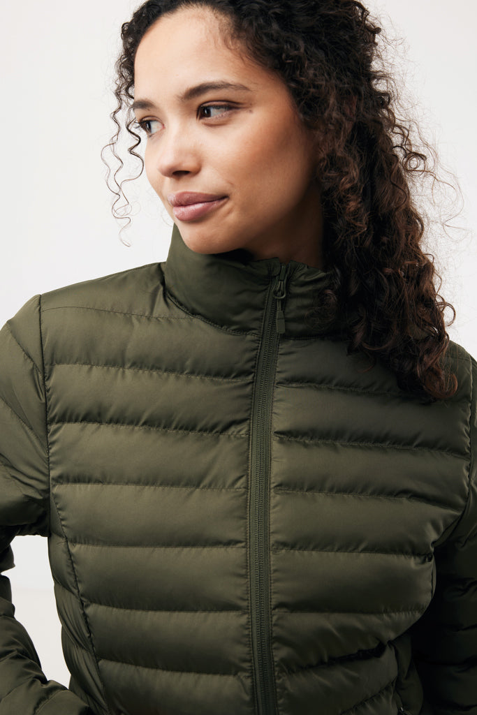 Load image into Gallery viewer, Maiko women recycled polyester padded jacket by iqoniq, showcasing the textile with quilted design and vibrant color details.
