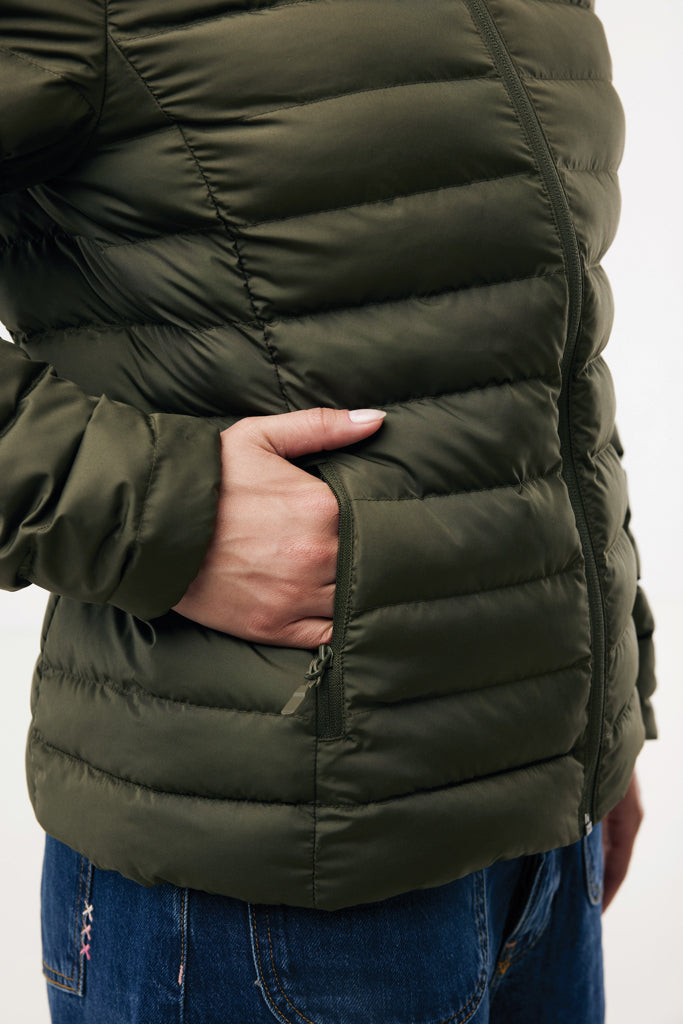Load image into Gallery viewer, Maiko women recycled polyester padded jacket by iqoniq, showcasing the lightweight textile with a quilted design and stylish fit.
