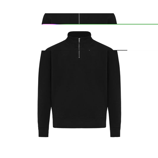 Recycled cotton quarter zip sweater by iqoniq, shown in size 5XL with a close-up view of the textile fabric.