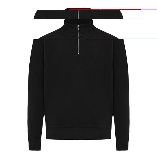 Iqoniq Elgon recycled cotton quarter zip sweater, close-up of green textile with zipper detail and textured fabric.