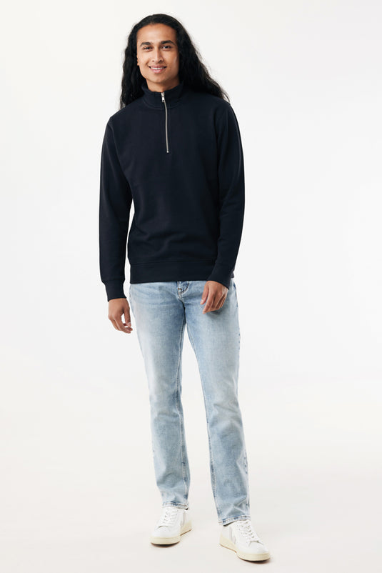 Iqoniq Elgon recycled cotton quarter zip sweater in textile, featuring a close-up of the soft, sustainable fabric with a quarter zip neckline.