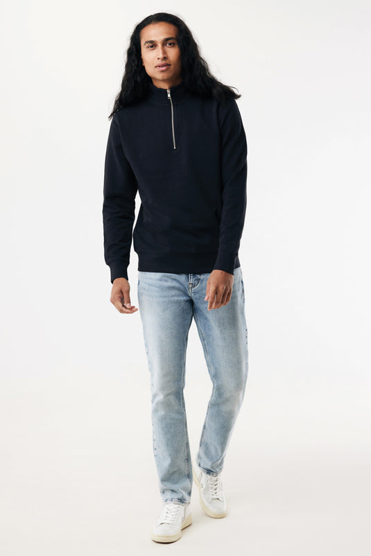Iqoniq Elgon recycled cotton quarter zip sweater, close-up of the textile fabric and quarter zip detail.