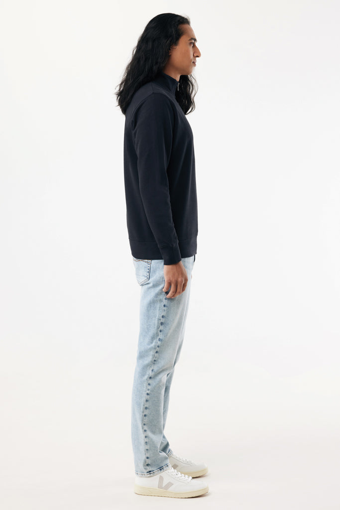 Load image into Gallery viewer, Iqoniq Elgon recycled cotton quarter zip sweater textile in a natural, eco-friendly fabric with a quarter zip neckline.
