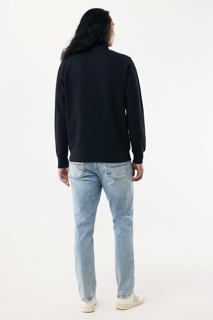 Load image into Gallery viewer, Iqoniq Elgon recycled cotton quarter zip sweater in earthy tones, featuring a close-up of the textured fabric and quarter zip detail.
