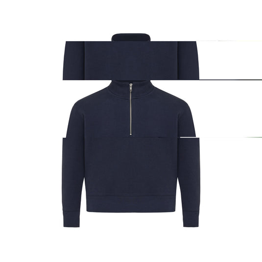 Iqoniq Elgon recycled cotton quarter zip sweater, close-up of the green textile with collar and zip detail.