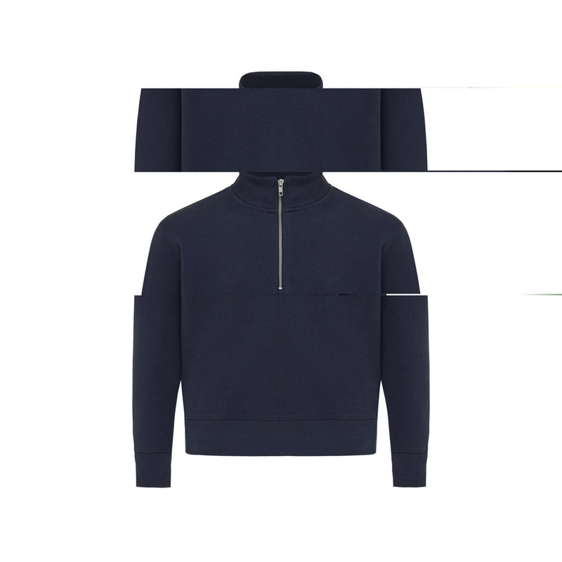 Load image into Gallery viewer, iqoniq Elgon recycled cotton quarter zip sweater in textile, shown in XS/S size with a close-up of the fabric and zipper detail.
