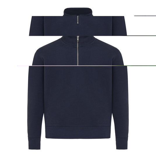 Iqoniq Elgon recycled cotton quarter zip sweater, close-up of the textured fabric and quarter zip detail.