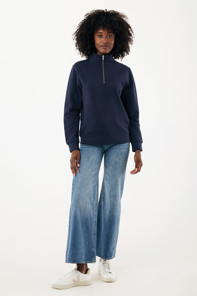 Load image into Gallery viewer, Iqoniq Elgon recycled cotton quarter zip sweater, textile with a front zipper and ribbed collar, displayed on a neutral background.
