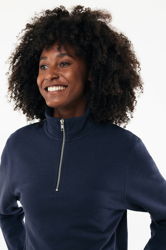 Iqoniq Elgon recycled cotton quarter zip sweater, close-up of soft fabric with quarter zipper and ribbed collar detail.