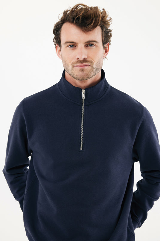 Iqoniq Elgon recycled cotton quarter zip sweater, close-up of soft textile fabric and quarter zip detail.