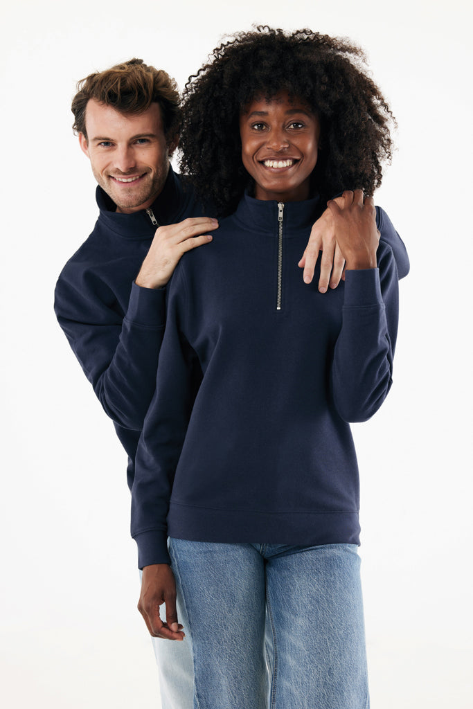 Load image into Gallery viewer, Iqoniq Elgon recycled cotton quarter zip sweater, close-up of the textile fabric and zipper detail.

