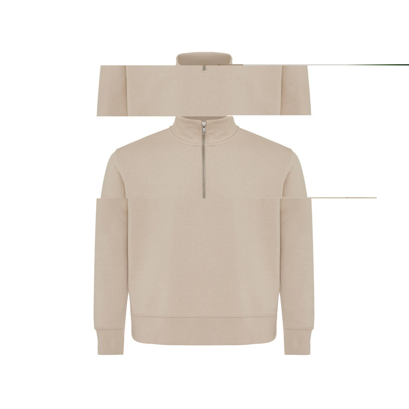 Load image into Gallery viewer, Iqoniq Elgon recycled cotton quarter zip sweater, textile with a high collar, shown in a relaxed fit with visible stitching details.
