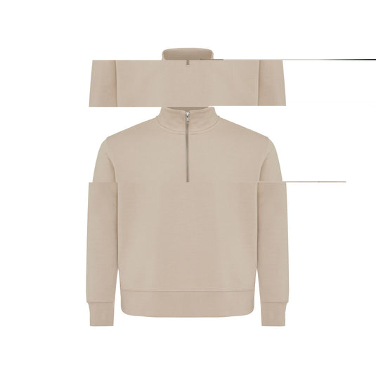 Iqoniq Elgon recycled cotton quarter zip sweater, textile with a high collar, shown in a relaxed fit with visible stitching details.