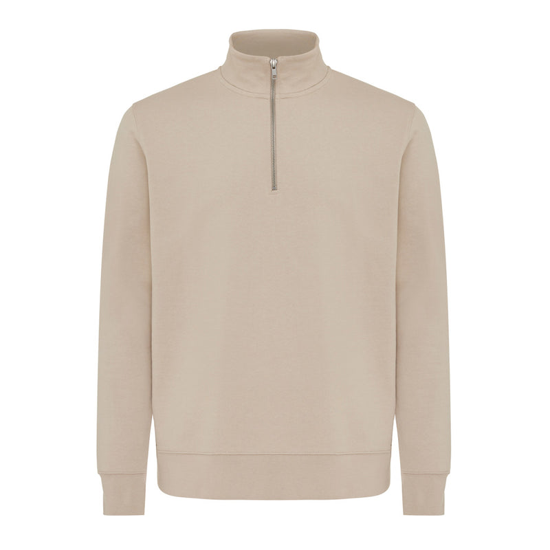 Load image into Gallery viewer, iqoniq Elgon recycled cotton quarter-zip sweater, close-up of gray textile with quarter-zip collar and textured fabric.
