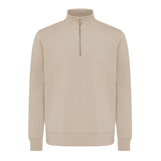 iqoniq Elgon recycled cotton quarter-zip sweater, close-up of gray textile with quarter-zip collar and textured fabric.