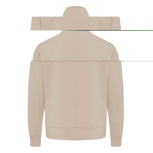 iqoniq Elgon recycled cotton quarter zip sweater, textile with a zip-up collar, shown in a close-up view of the fabric and design.