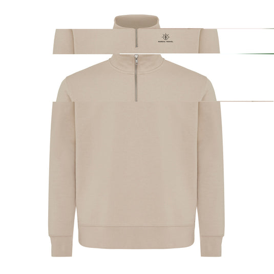 Iqoniq Elgon recycled cotton quarter zip sweater, close-up of the textile fabric and zipper detail.
