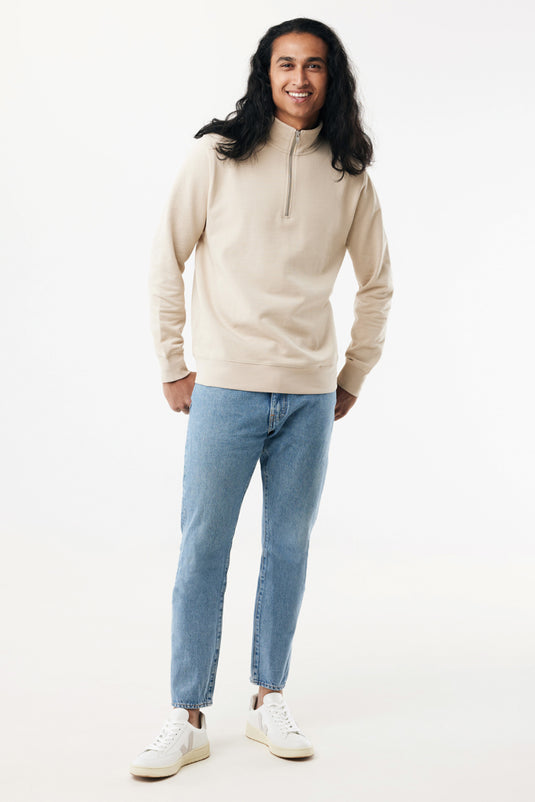 Iqoniq Elgon recycled cotton quarter zip sweater, close-up of the textured textile fabric and quarter zip neckline.