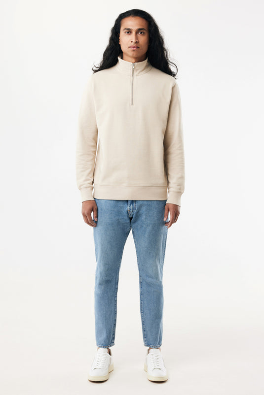 iqoniq Elgon recycled cotton quarter zip sweater, textile product featuring a close-up of the quarter zip and soft fabric texture.
