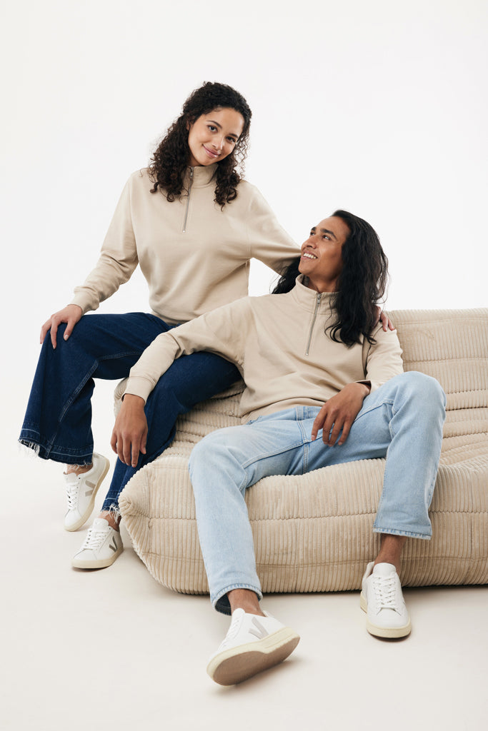 Load image into Gallery viewer, Iqoniq Elgon recycled cotton quarter zip sweater, close-up view of the textile fabric and quarter zip detail.
