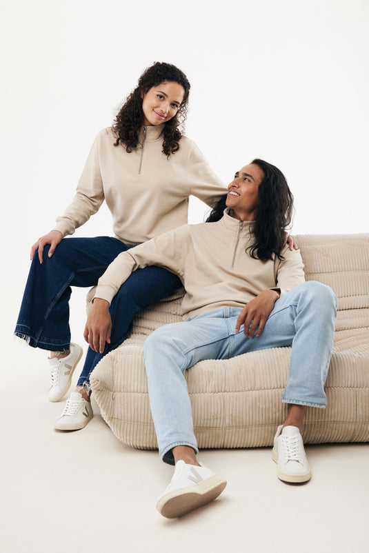 Iqoniq Elgon recycled cotton quarter zip sweater, close-up view of the textile fabric and quarter zip detail.