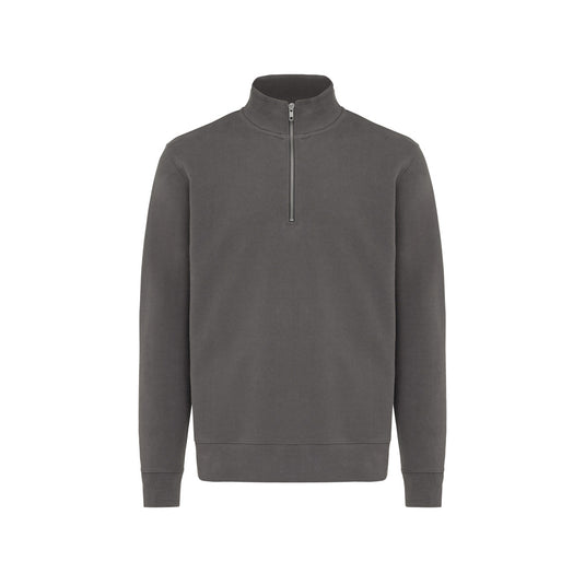 Iqoniq Elgon recycled cotton quarter zip sweater, close-up of soft textile fabric with quarter zip detail and subtle branding.
