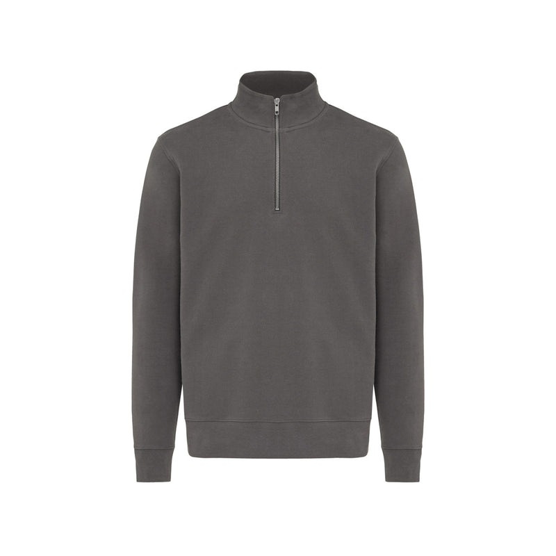 Load image into Gallery viewer, Iqoniq Elgon recycled cotton quarter zip sweater, close-up of soft fabric and quarter zip detail in a textile product image.
