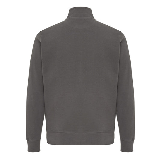 Iqoniq Elgon recycled cotton quarter zip sweater, close-up of the textile with quarter zip detail and soft fabric texture.