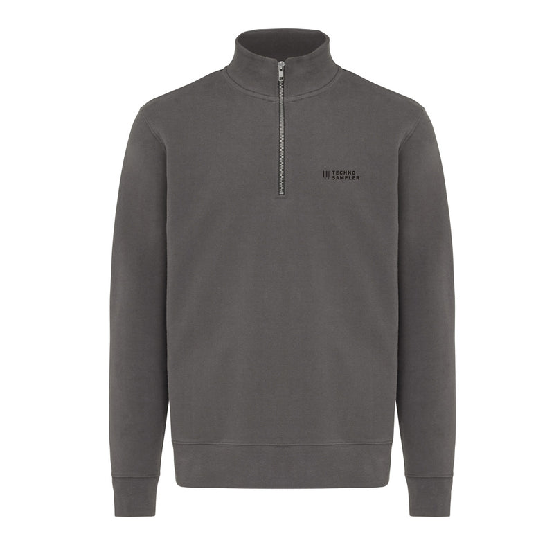 Load image into Gallery viewer, Iqoniq Elgon recycled cotton quarter zip sweater, close-up showing the textured fabric and quarter zip neckline.
