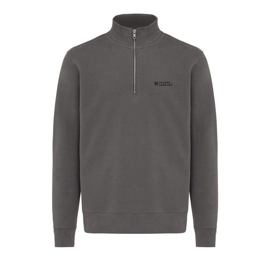 Iqoniq Elgon recycled cotton quarter zip sweater, close-up showing the textured fabric and quarter zip neckline.