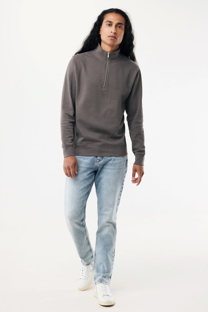 Load image into Gallery viewer, Iqoniq Elgon recycled cotton quarter zip sweater, close-up of the textile fabric and quarter zip detail.
