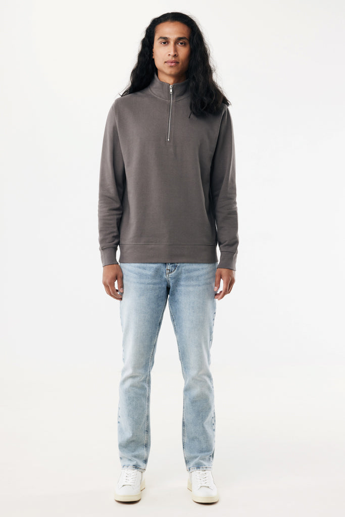 Load image into Gallery viewer, Iqoniq Elgon recycled cotton quarter zip sweater, close-up of soft green textile with quarter zip collar and textured fabric.
