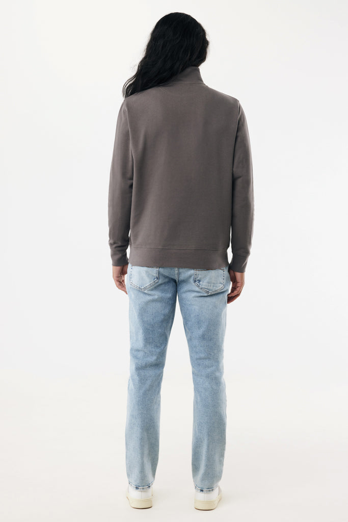 Load image into Gallery viewer, Iqoniq Elgon recycled cotton quarter-zip sweater, close-up of the textile fabric and quarter-zip detail.
