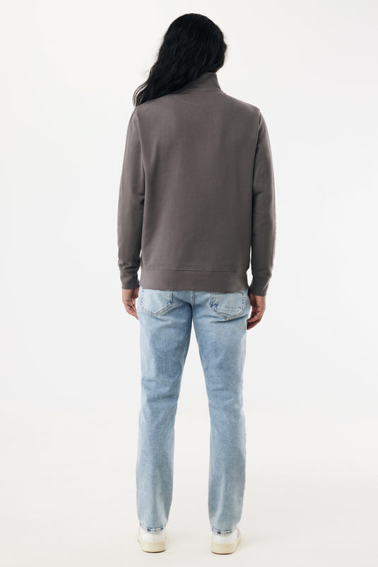 Iqoniq Elgon recycled cotton quarter-zip sweater, close-up of the textile fabric and quarter-zip detail.