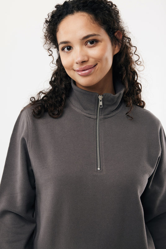 Iqoniq Elgon recycled cotton quarter-zip sweater, close-up of soft fabric and quarter-zip neckline, eco-friendly textile design.