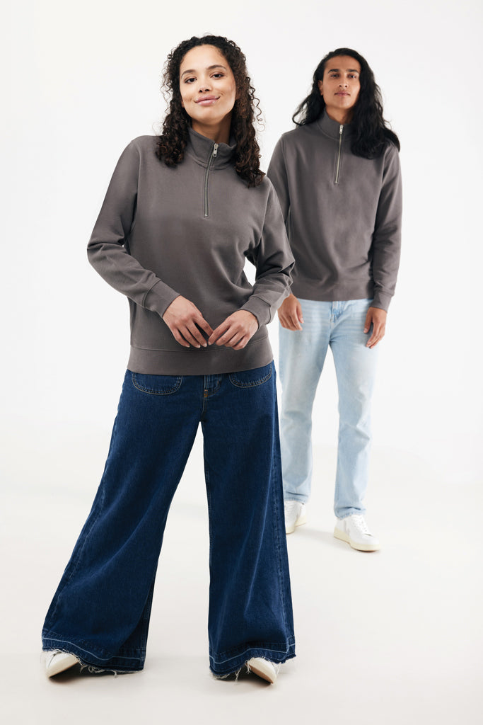 Load image into Gallery viewer, Iqoniq Elgon recycled cotton quarter zip sweater in textile, showing the soft fabric and quarter zip design.
