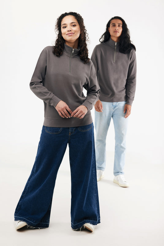 Iqoniq Elgon recycled cotton quarter zip sweater in textile, showing the soft fabric and quarter zip design.