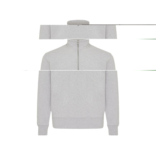 IQONIQ Elgon recycled cotton quarter zip sweater, close-up of grey textile with zipper and textured fabric detail.