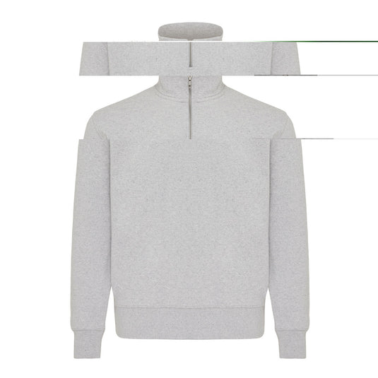 Iqoniq Elgon recycled cotton quarter zip sweater, close-up of soft textile fabric with zipper detail, in neutral color.