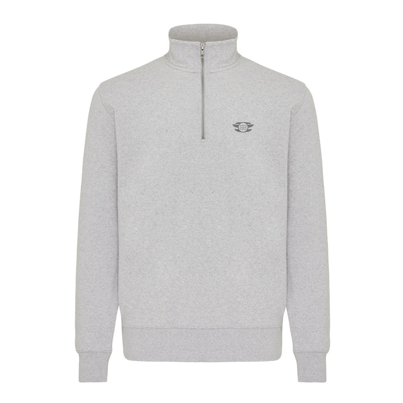 Load image into Gallery viewer, Iqoniq Elgon recycled cotton quarter zip sweater, close-up of the textile fabric and quarter zip detail on the sweater.
