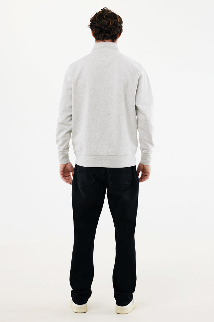 Load image into Gallery viewer, Iqoniq Elgon recycled cotton quarter zip sweater, close-up of the textile fabric showing the recycled cotton material and quarter zip detail.

