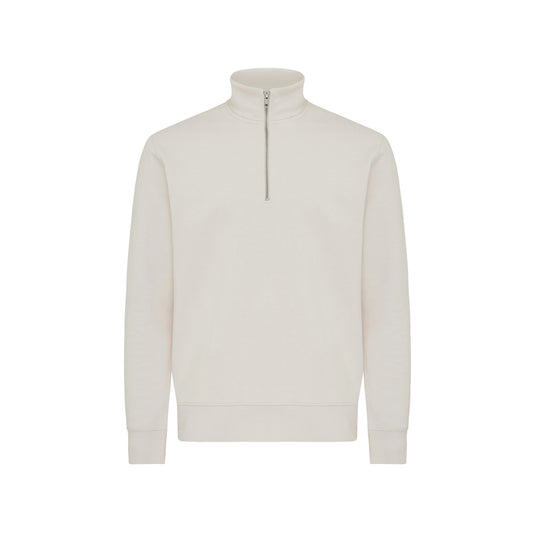 Iqoniq Elgon recycled cotton quarter zip sweater, textile image showing the cozy, eco-friendly quarter zip design in natural fabric.