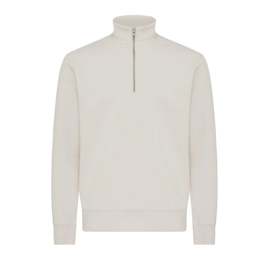 Recycled cotton quarter zip sweater by iqoniq, featuring a textile design with a high collar and casual fit.